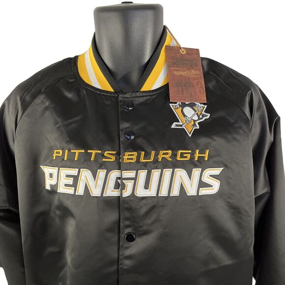 New Mens Mitchell And Ness Pittsburgh Penguins Satin Bomber Jacket Sz L NWT - Picture 2 of 10